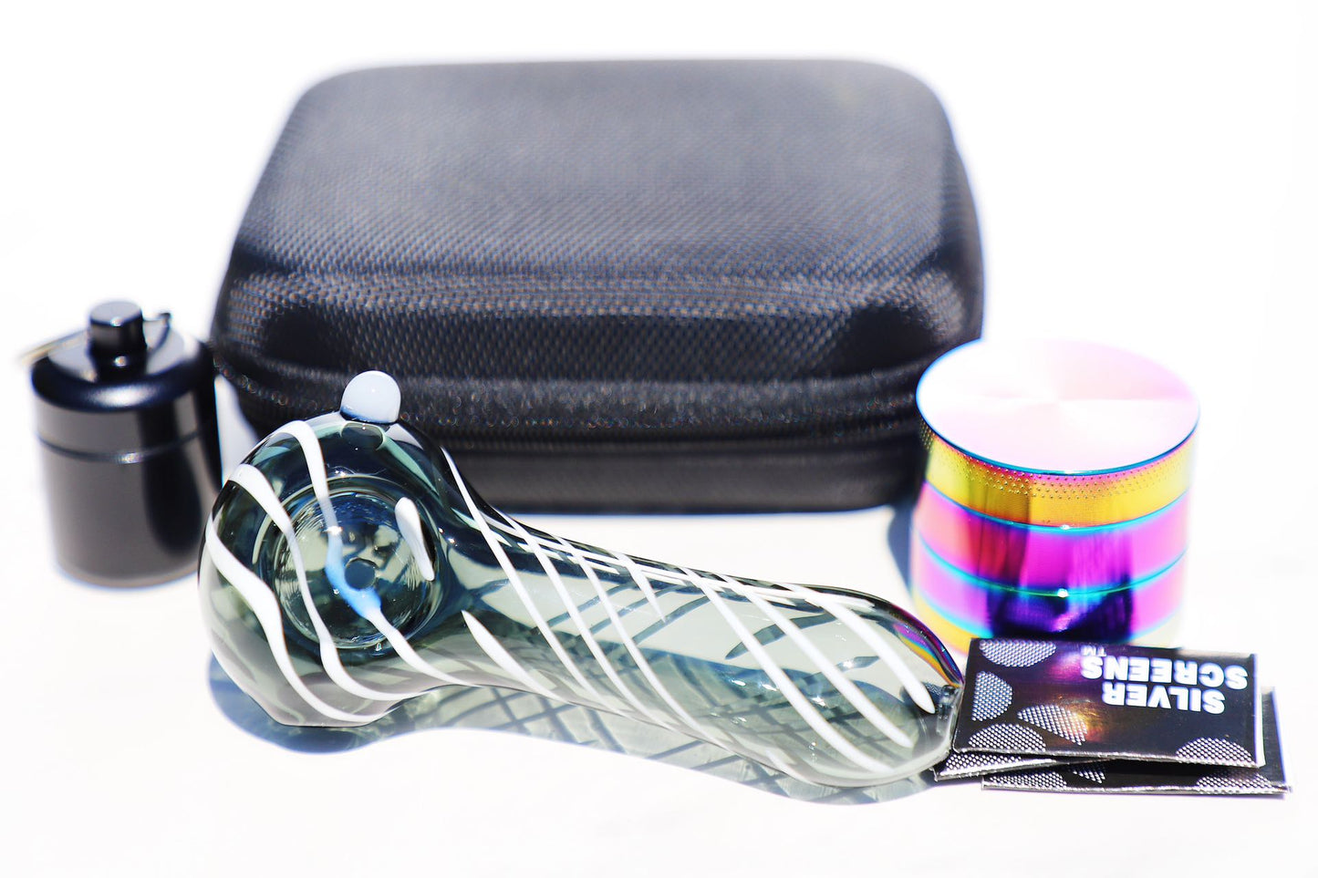 Handcrafted Spiral Glass Smoking Pipe,Rainbow Grinder Set, portable box air tight container and filiters. featuring artisanal hand-blown craftsmanship, portable design for on-the-go use, and vibrant metal grinder, perfect for enhancing the smoking experience with functional glass art,blow pipe,bowl pipe,spoon glass pipe