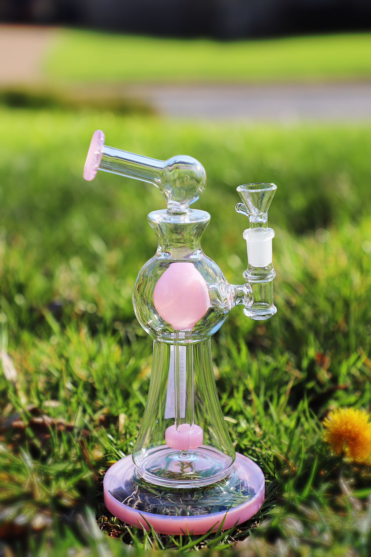 Enchanted Garden Mini Bong, the Ultimate Girly Glass Piece for Sophisticated Smokers with purple, pink, and green accents, offering an Ultimate Smooth Experience with Curve Percolator Bong, Green Glass Bong, and Advanced Filtration for a Sophisticated Smoking Session.