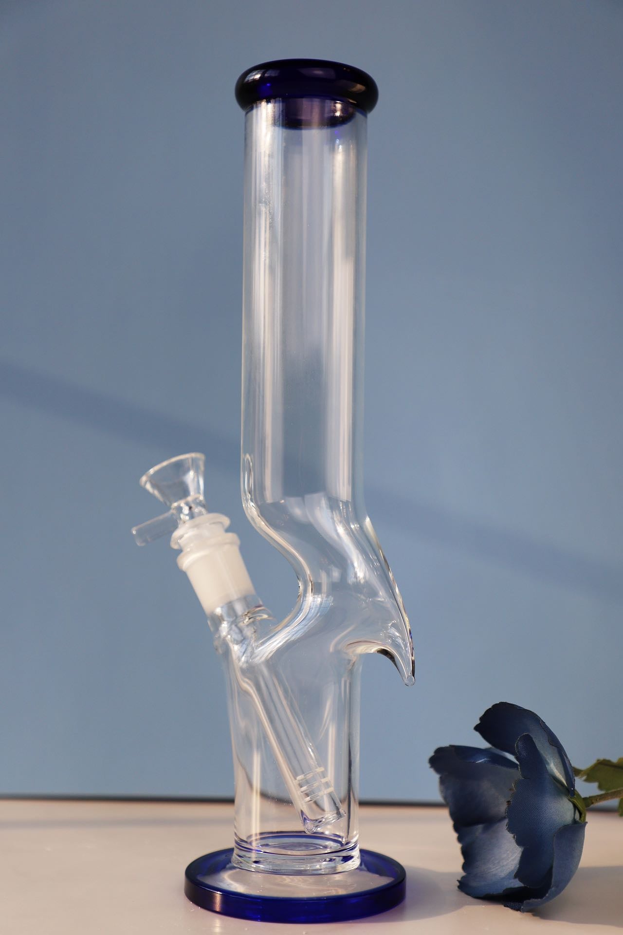 Classic Straight clear hook designed Glass Bong with Ultimate Purity and Strength, Elegant Hook Glass Bong with Blue Accents, Premium Water Pipe Collector's Edition blue hook staight tube