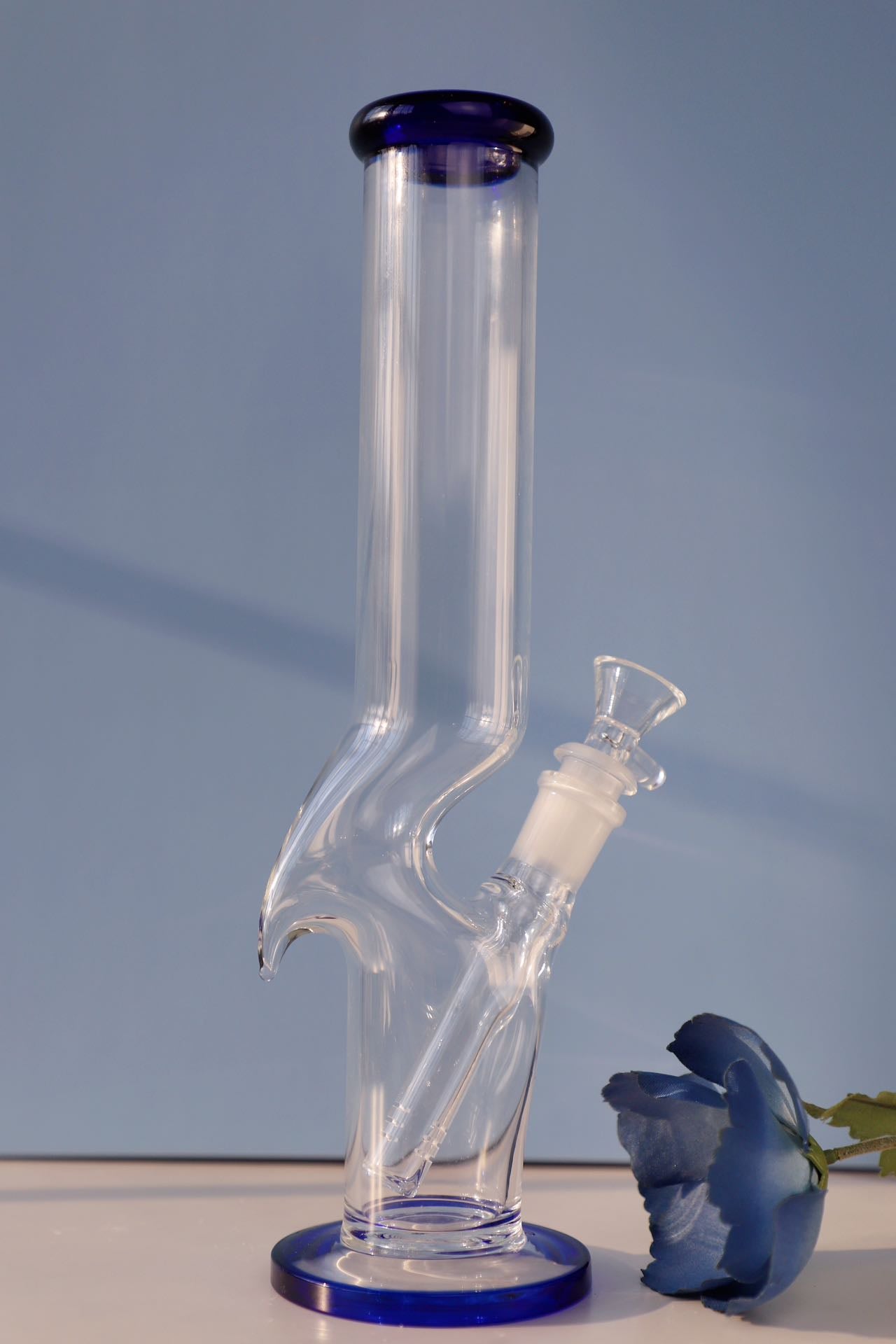 Classic Straight clear hook designed Glass Bong with Ultimate Purity and Strength, Elegant Hook Glass Bong with Blue Accents, Premium Water Pipe Collector's Edition blue hook staight tube