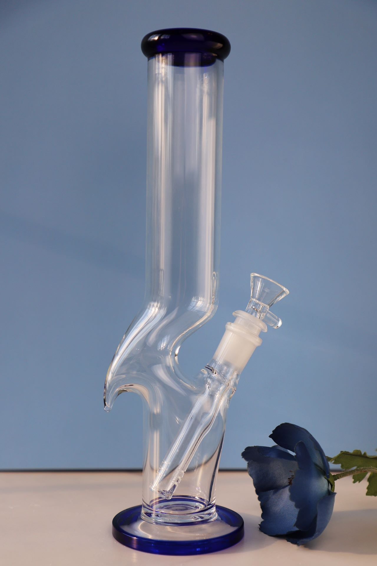 Classic Straight clear hook designed Glass Bong with Ultimate Purity and Strength, Elegant Hook Glass Bong with Blue Accents, Premium Water Pipe Collector's Edition blue hook staight tube