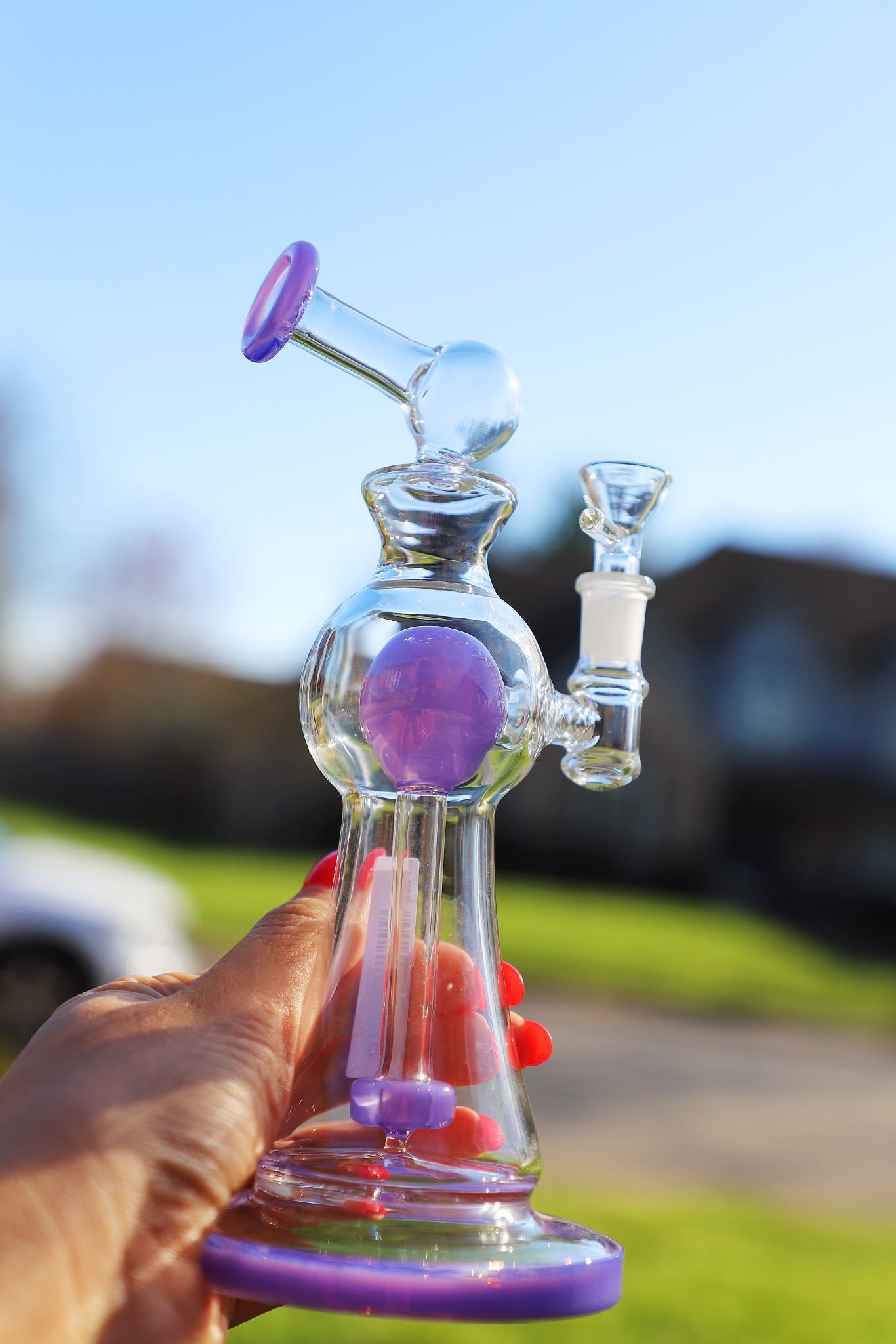 Enchanted Garden Mini Bong, the Ultimate Girly Glass Piece for Sophisticated Smokers with purple, pink, and green accents, offering an Ultimate Smooth Experience with Curve Percolator Bong, Green Glass Bong, and Advanced Filtration for a Sophisticated Smoking Session.