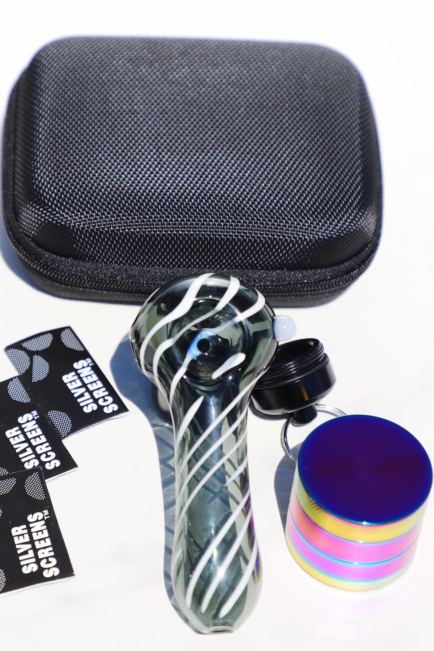 Handcrafted Spiral Glass Smoking Pipe,Rainbow Grinder Set, portable box air tight container and filiters. featuring artisanal hand-blown craftsmanship, portable design for on-the-go use, and vibrant metal grinder, perfect for enhancing the smoking experience with functional glass art,blow pipe,bowl pipe,spoon glass pipe