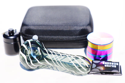 Handcrafted Spiral Glass Smoking Pipe,Rainbow Grinder Set, portable box air tight container and filiters. featuring artisanal hand-blown craftsmanship, portable design for on-the-go use, and vibrant metal grinder, perfect for enhancing the smoking experience with functional glass art,blow pipe,bowl pipe,spoon glass pipe