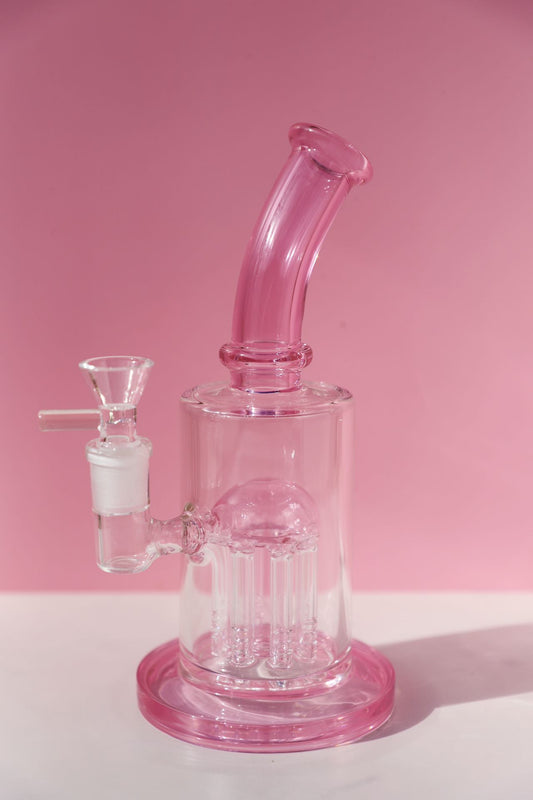 Elegant Pink Glass Bong with Smooth Percolation System, Ideal for a Refined Smoking Experience, Artisan-Crafted with Unique Jellyfish Charm. Stylish Green Glass Bong with Jellyfish Charm Design, Enhanced with a High-Performance Percolator for Pure Hits, Handmade for Quality Smoking.