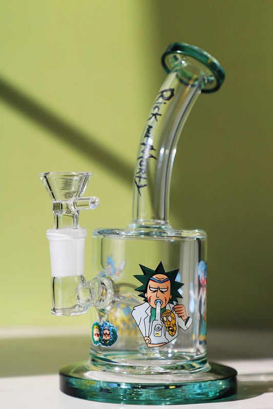 Rick and Morty Glass Bong Collector's Edition, featuring cartoon water pipe design, collectible smoking gear from pop culture, made of durable borosilicate glass, a unique and thematic smoking accessory for enthusiasts smoking water pipe, straight tube.
