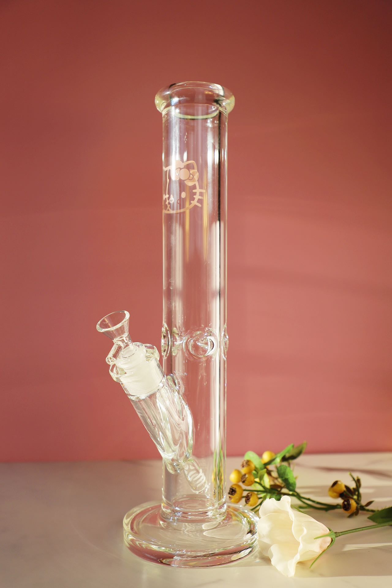 Straight Thick Coco and Skull Kitty Glass Bongs, durable thick glass smoking water pipes, smoke shop high quality bongs with skull and kitten design, functional glass art for collectors, luxury art bong,staight tube,smoking tube,pink girly bong