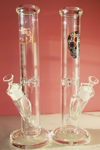 Straight Thick Coco and Skull Kitty Glass Bongs, durable thick glass smoking water pipes, smoke shop high quality bongs with skull and kitten design, functional glass art for collectors, luxury art bong,staight tube,smoking tube,pink girly bong