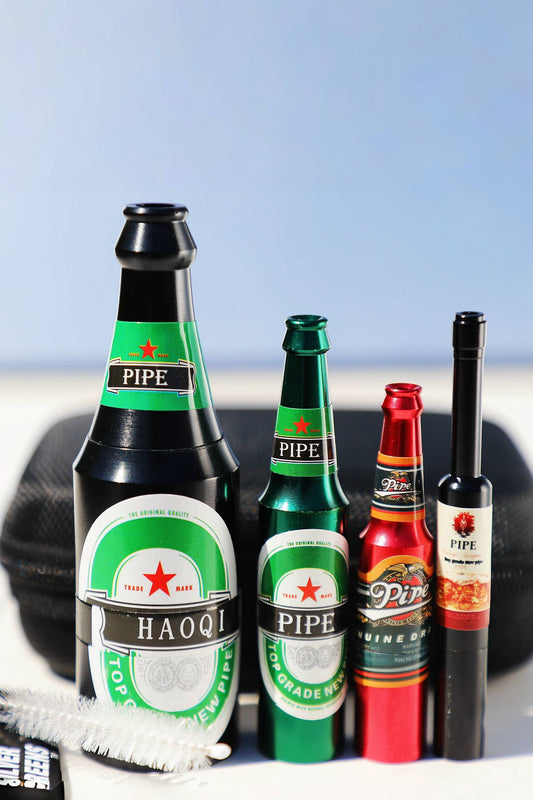 Assorted Uniquemetal Beer Bottle Glass Bong Set including premium smoking pipes designed to resemble beer bottles, complete with mental beer pipe, grinder, pipe cleaner, portable case , travel box and filters for an enhanced smoking experience