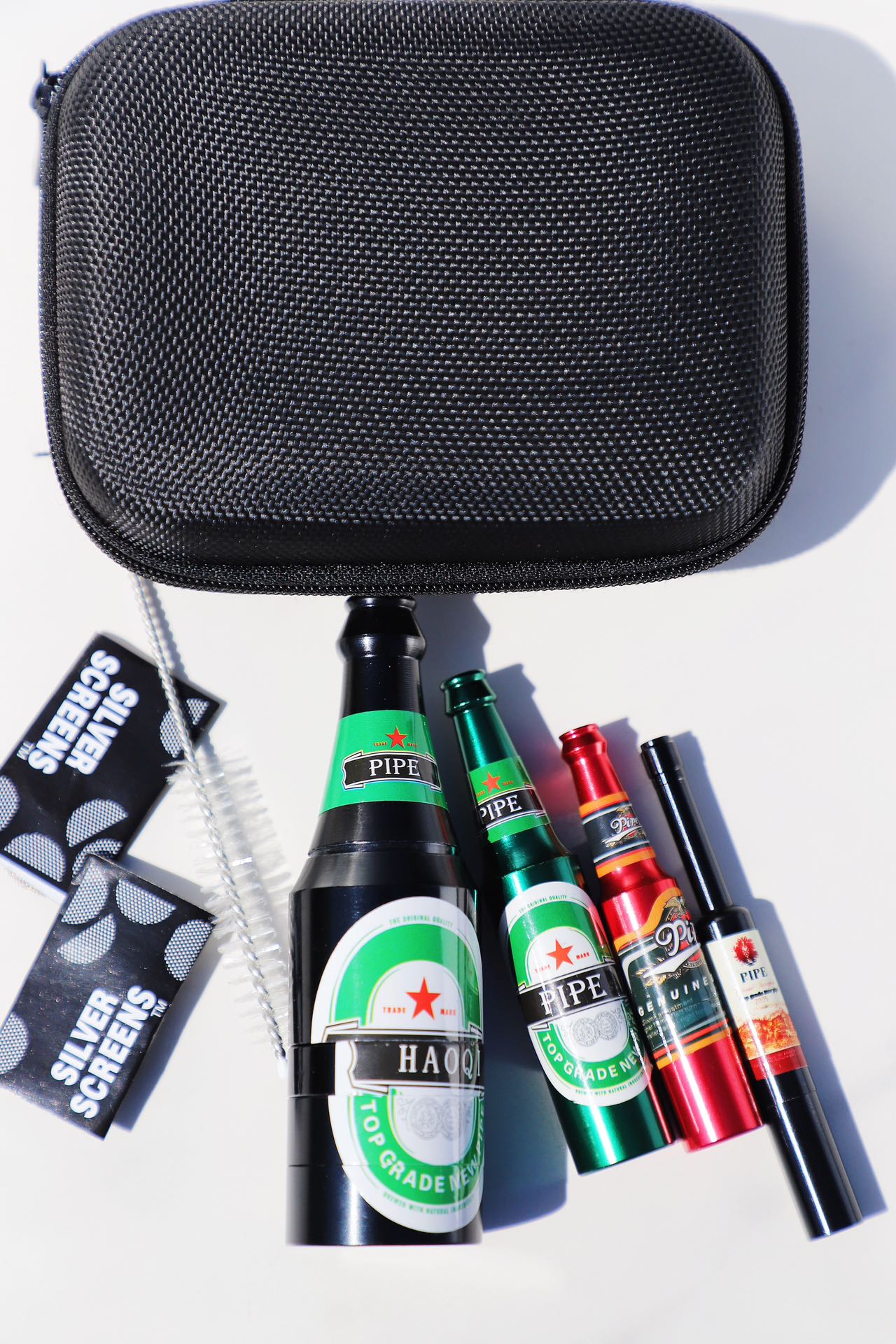 Assorted Uniquemetal Beer Bottle Glass Bong Set including premium smoking pipes designed to resemble beer bottles, complete with mental beer pipe, grinder, pipe cleaner, portable case , travel box and filters for an enhanced smoking experience