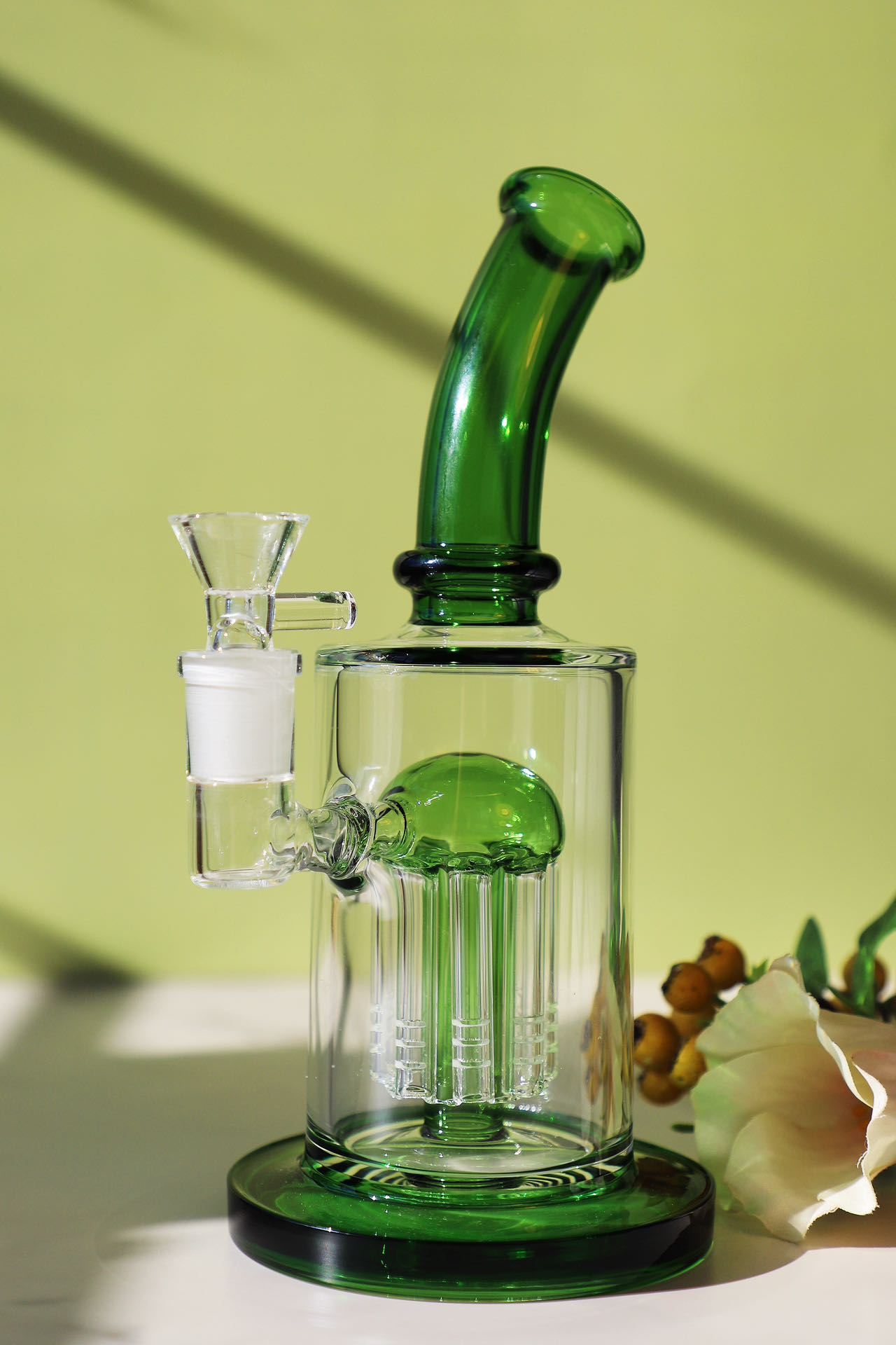 Elegant Pink Glass Bong with Smooth Percolation System, Ideal for a Refined Smoking Experience, Artisan-Crafted with Unique Jellyfish Charm. Stylish Green Glass Bong with Jellyfish Charm Design, Enhanced with a High-Performance Percolator for Pure Hits, Handmade for Quality Smoking.