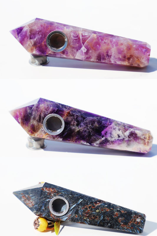 Exquisite Amethyst Crystal Smoking Pipe Set, showcasing a luxurious natural amethyst or black gemstone design with vibrant purple hues and crystalline patterns. This high-quality, portable smoking accessory is complete with a protective travel case, rainbow grinder metal mesh filters, and a cleaning brush for upkeep. Embrace the elegance of natural stone craftsmanship, perfect for enhancing the smoking experience with style and a touch of tranquility